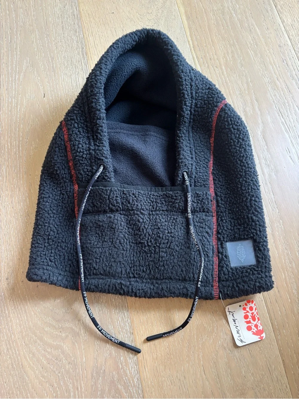 Free People FP Movement Hit The Slopes Balaclava Black Fleece Red Stitch Hood